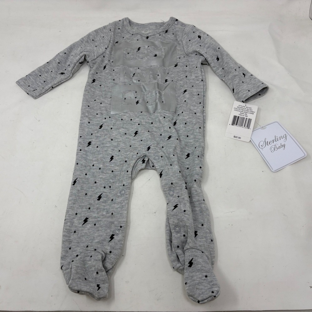 Sterling Baby Grey Lightning Bolt Best Baby Ever Footed Sleeper NWT 3M